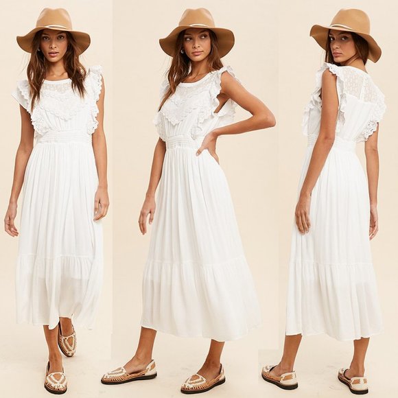 NEW Off White Romantic Lace Inset Ruffle Trim Yoke Smock Waist Midi Maxi Dress - Picture 8 of 10